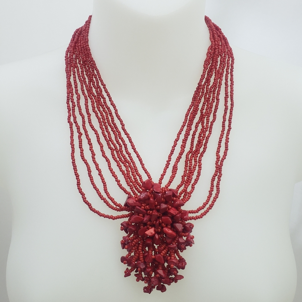 NEW Gemstone Chips & Red Glass Bead Necklace and Earrings Set in Stainless Steel